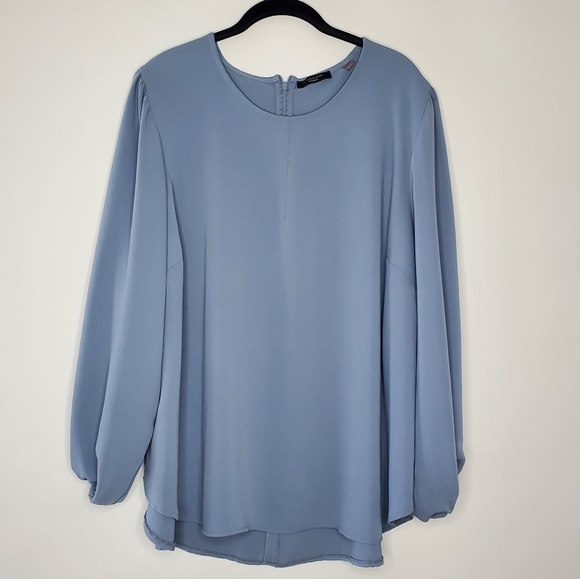 Tahari Woman Peasant Sleeve Top Size 2X Flowy Hi-low Hem Tunic Career Blue Shirt - Picture 1 of 11
